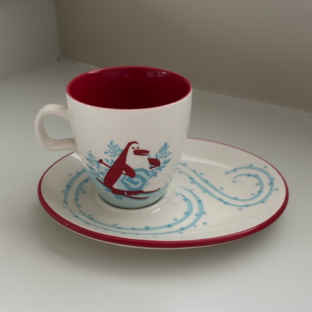 STARBUCKS vtg ~ Holiday 2007 ~ Cup & Snack Plate Skiing Snowman/Penguin